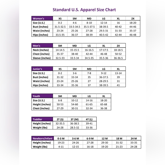 STANDARD US SIZE CHART - Picture 1 of 1
